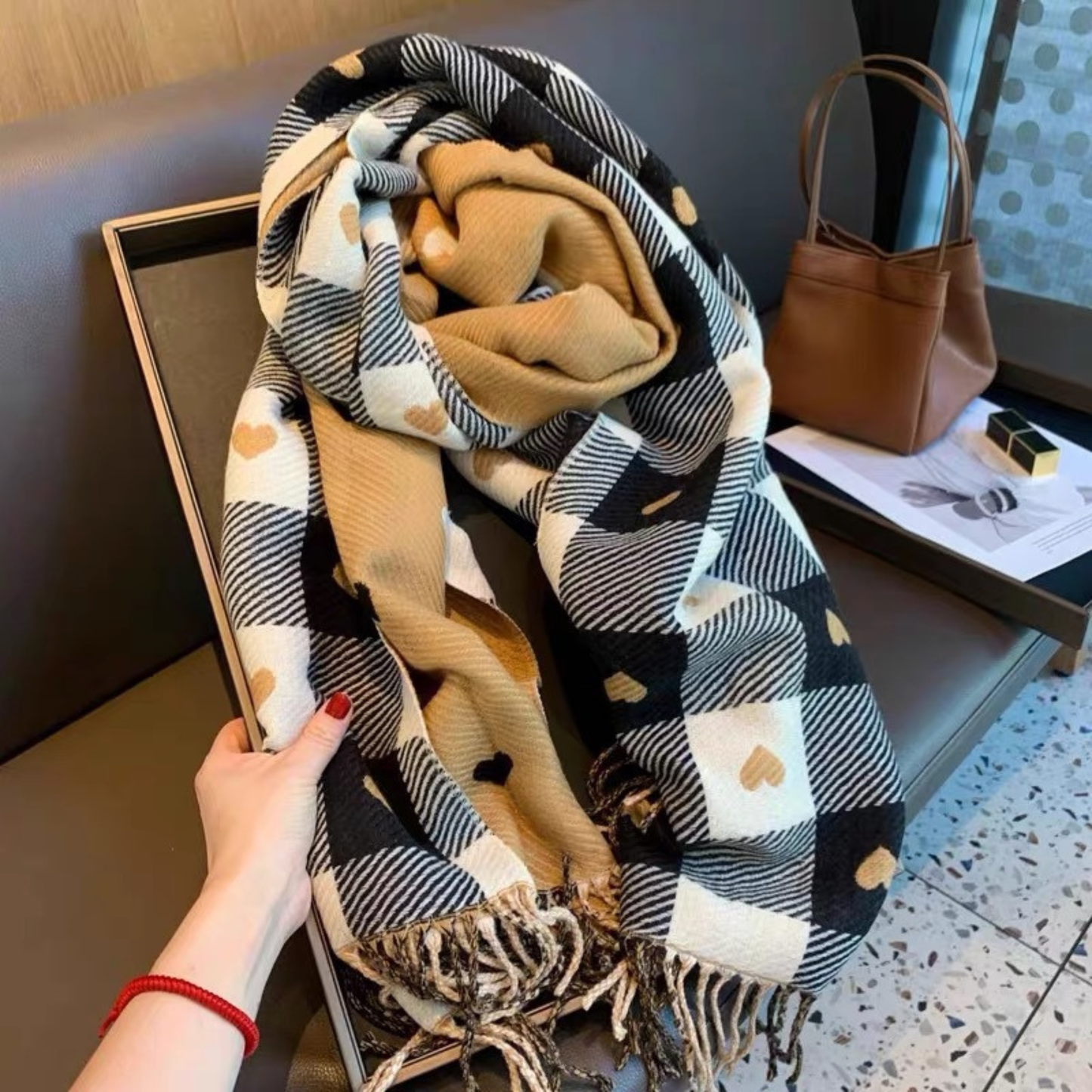 Cindy | Cozy Warm Plaid Double Side Tassel Scarf