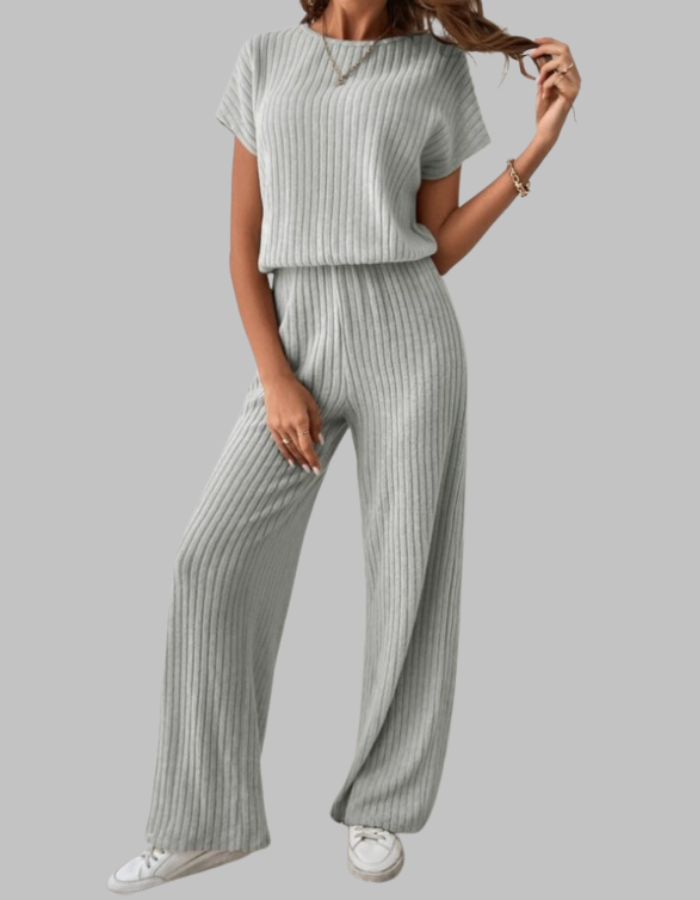Carol | Women's Ribbed Two Piece Set Short Sleeve Top Wide Leg Pants
