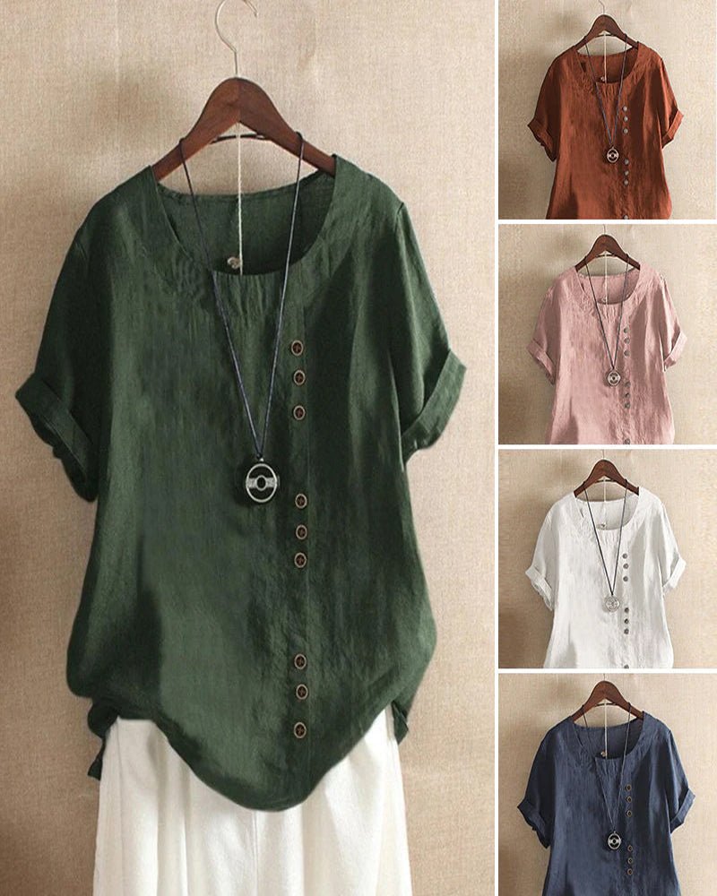 Alice | Women's Button Front Crew Neck Short Sleeve Relaxed Top