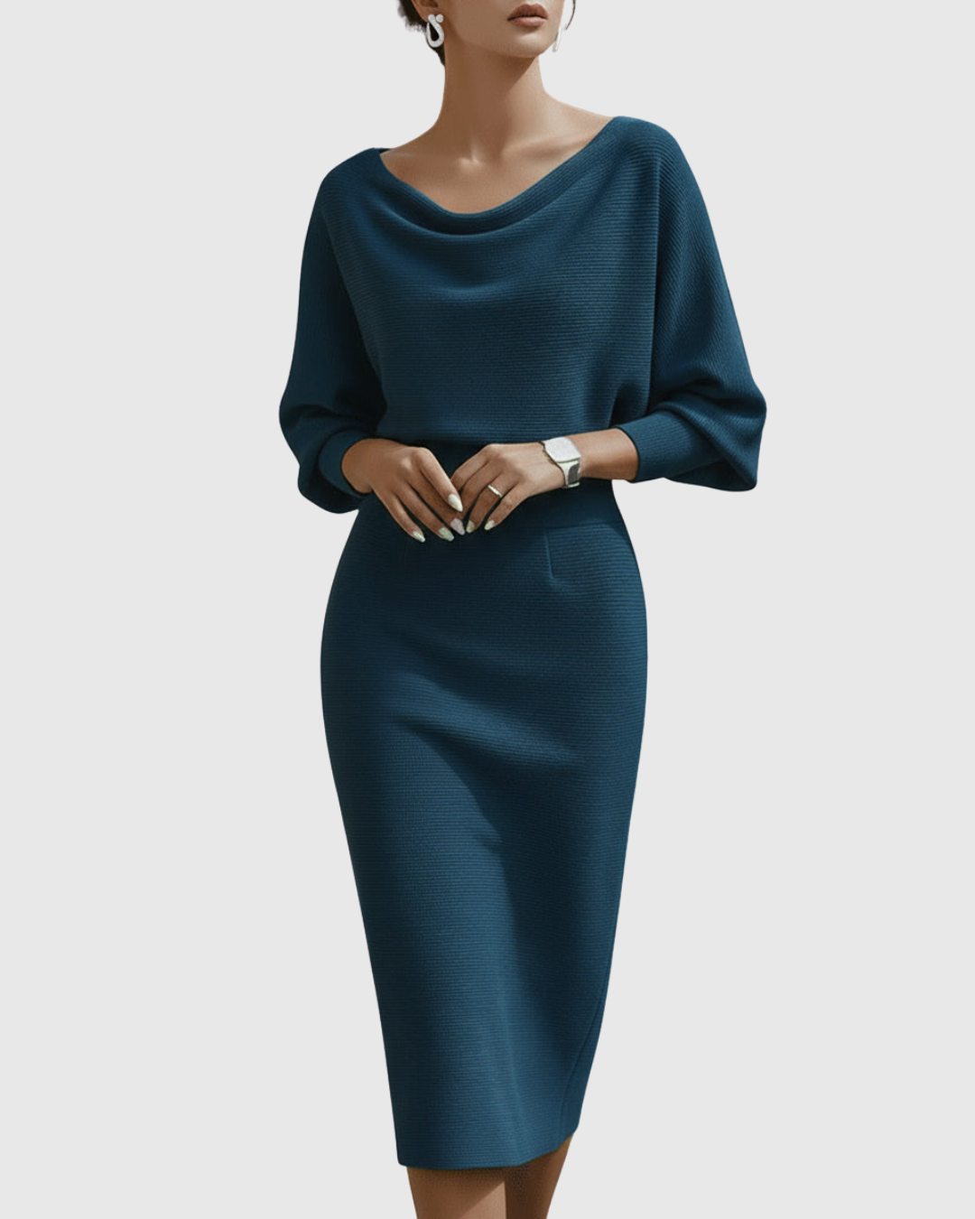 Taylor | Women's Cowl Neck Batwing Sleeve Ribbed Mid-Length Dress