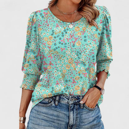 Beatrice | Women's Smocked Cuff 3/4 Sleeve Crew Neck Top