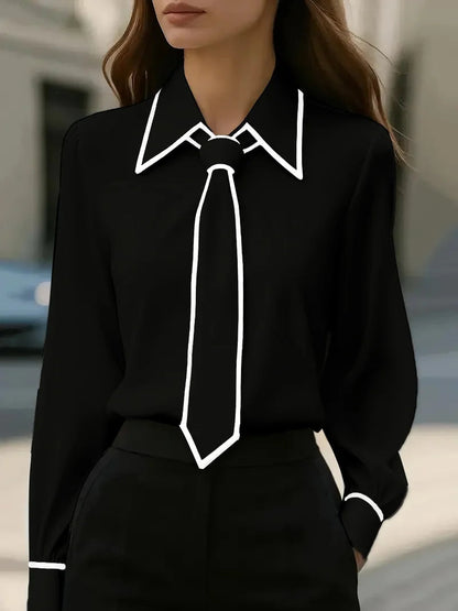 Alexa | Women's Long Sleeve Tie Neck Blouse Contrast Collar