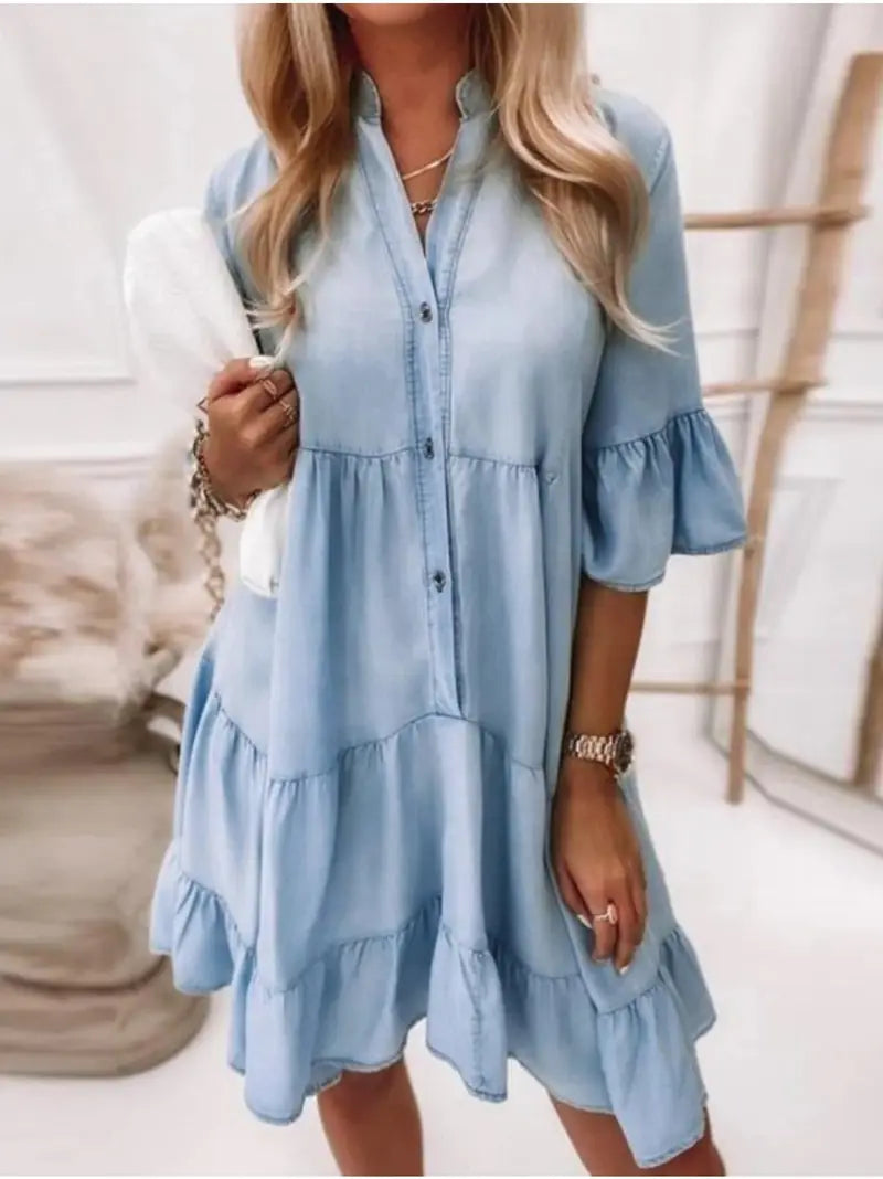 Anna | Women's Everyday Tiered Ruffle Short Dress Button-Through