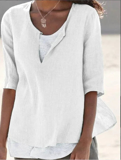 Camille | Women's 3/4 Sleeve Blouse Split Neck Relaxed Top