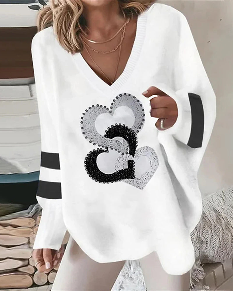 Kate | Women's Oversized V-Neck Sweater Sequin Heart Print Top