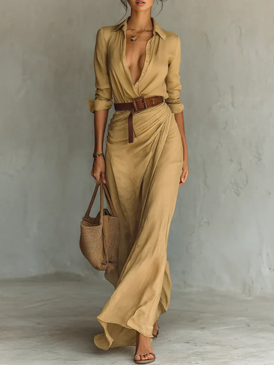 Adaline | Lapel Full Sleeve Belted Maxi Dress