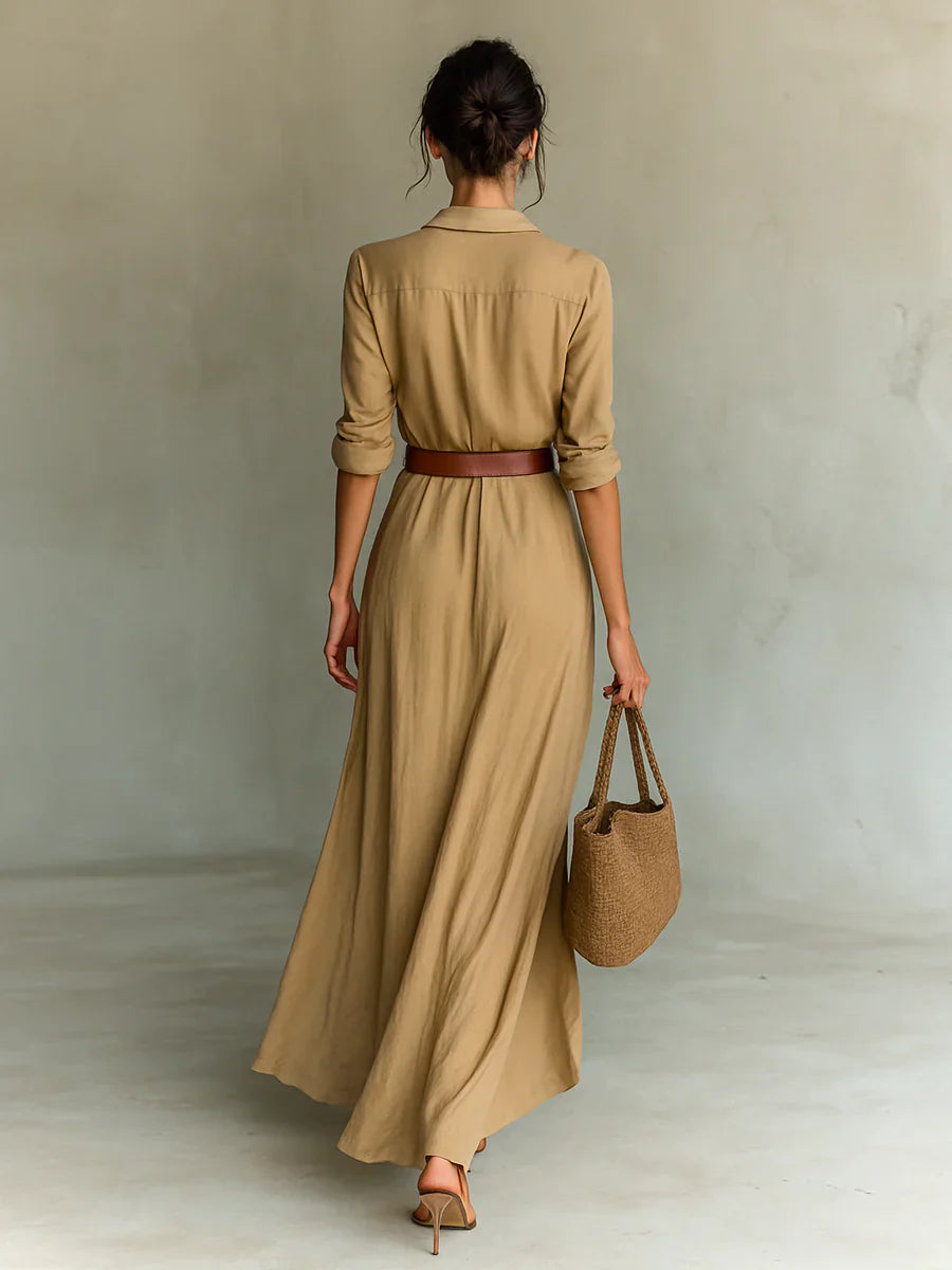 Adaline | Lapel Full Sleeve Belted Maxi Dress