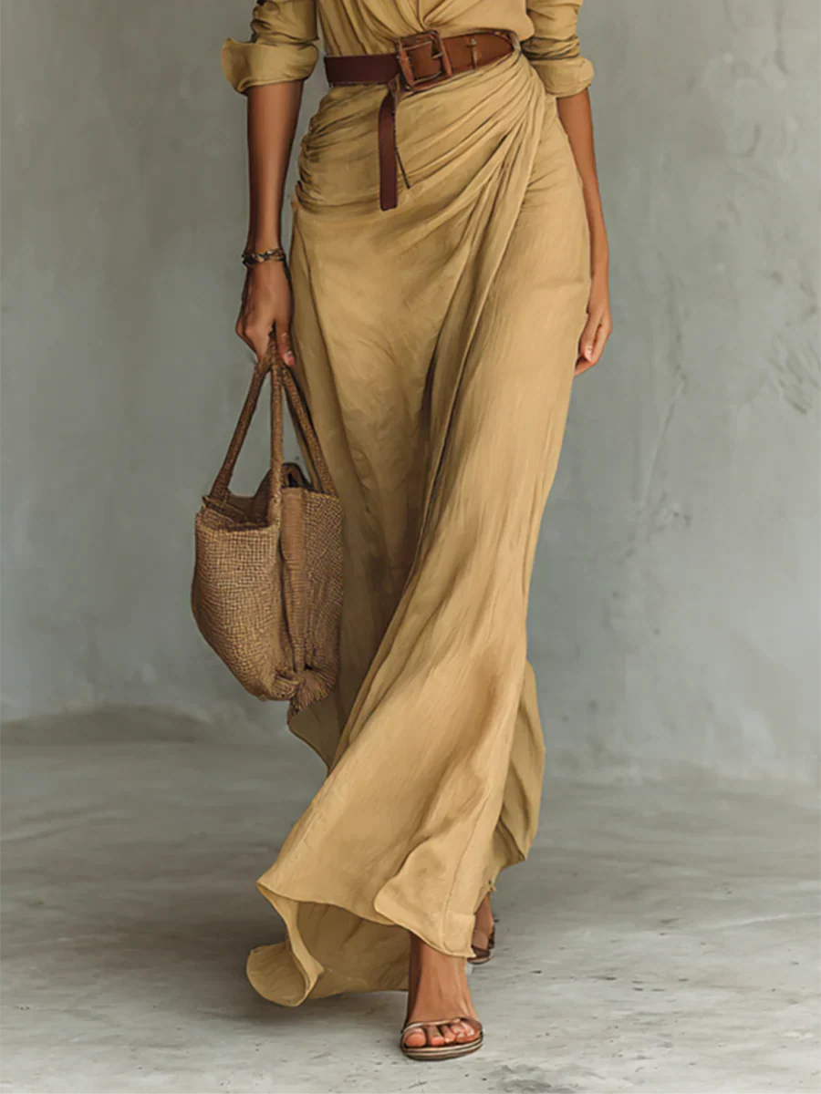 Adaline | Lapel Full Sleeve Belted Maxi Dress