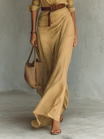 Adaline | Lapel Full Sleeve Belted Maxi Dress