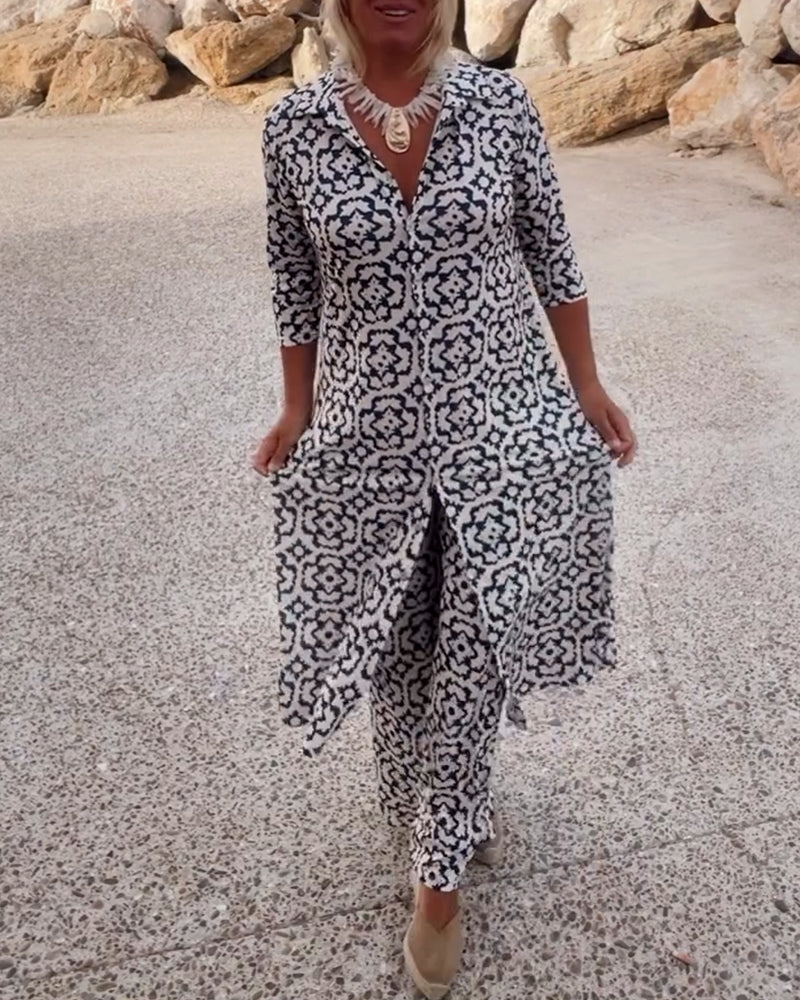 Alexis | Women's Printed Two Piece Set Longline Shirt Straight Pants