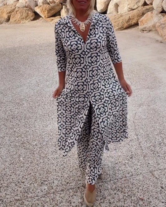 Alexis | Women's Printed Two Piece Set Longline Shirt Straight Pants