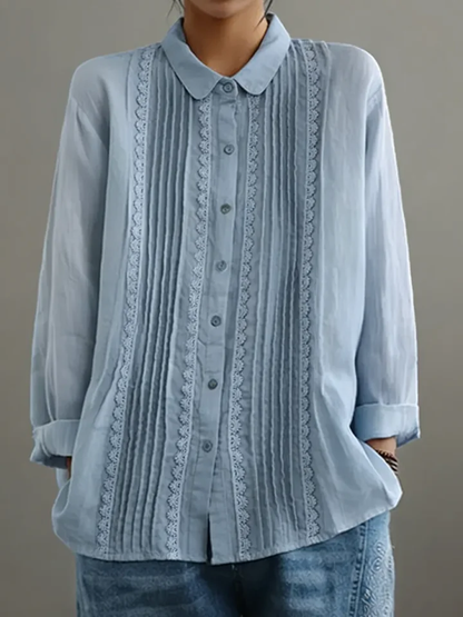 Nicole | Women's Lace Trim Button-Up Long Sleeve Blouse