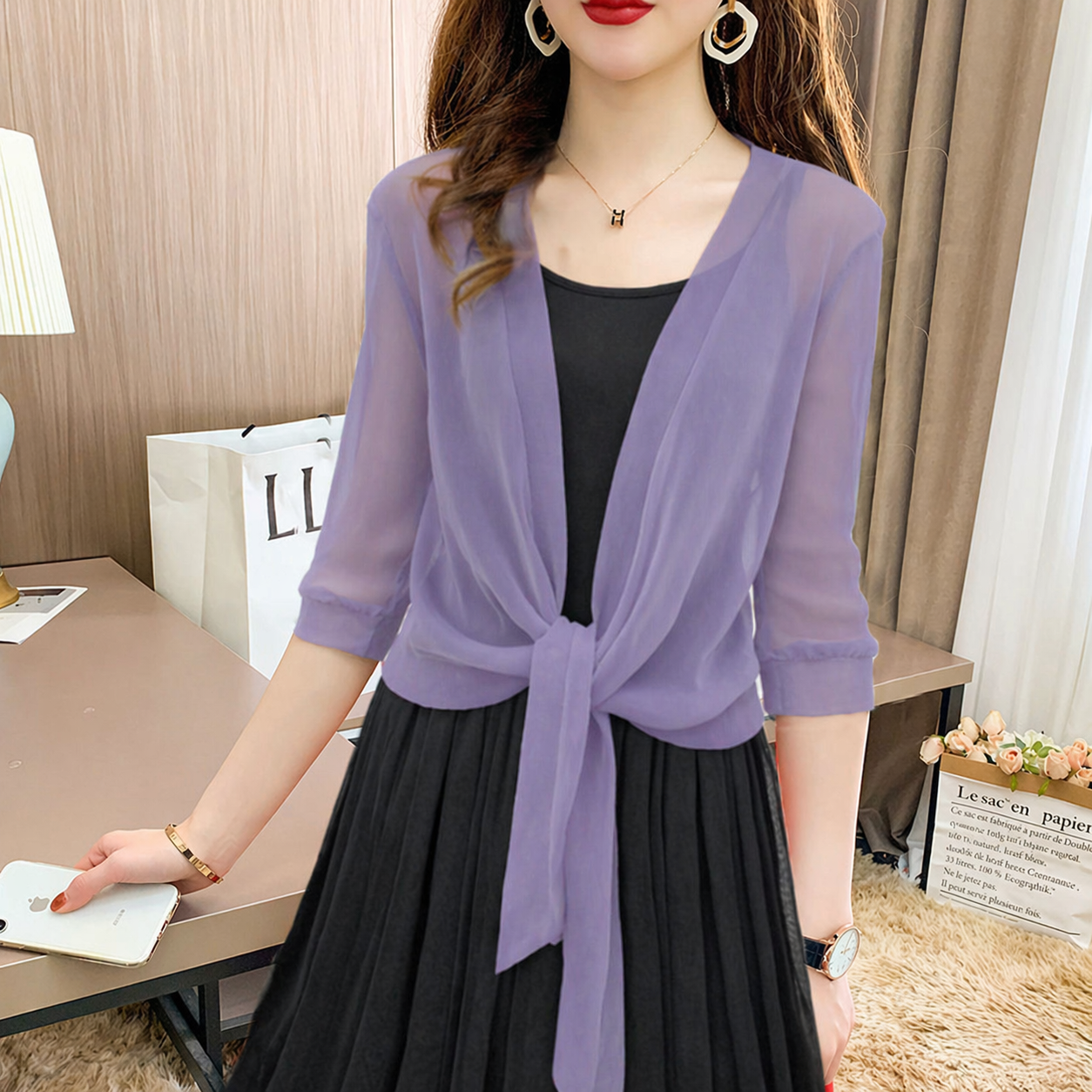 Jasmine | Women's Tie Front Sheer Blouse Open Front 3/4 Sleeve Top