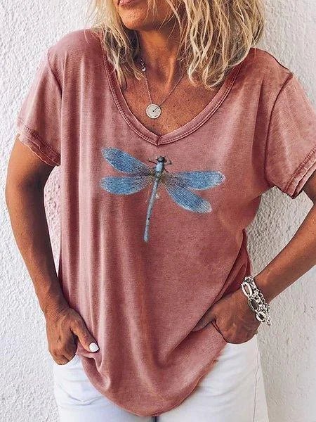 Bianca | Women's Dragonfly Print V-Neck Short Sleeve Relaxed Tee