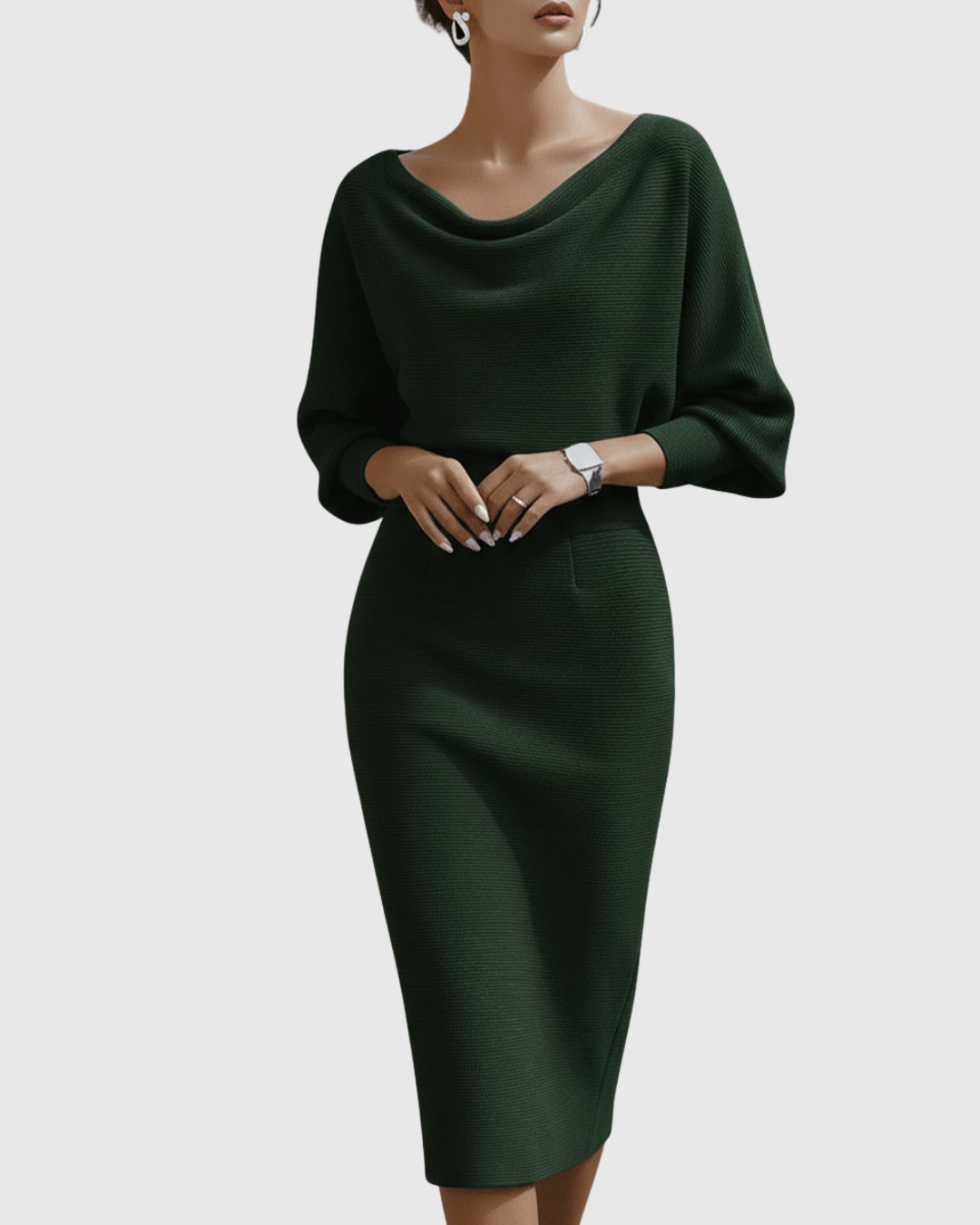 Taylor | Women's Cowl Neck Batwing Sleeve Ribbed Mid-Length Dress