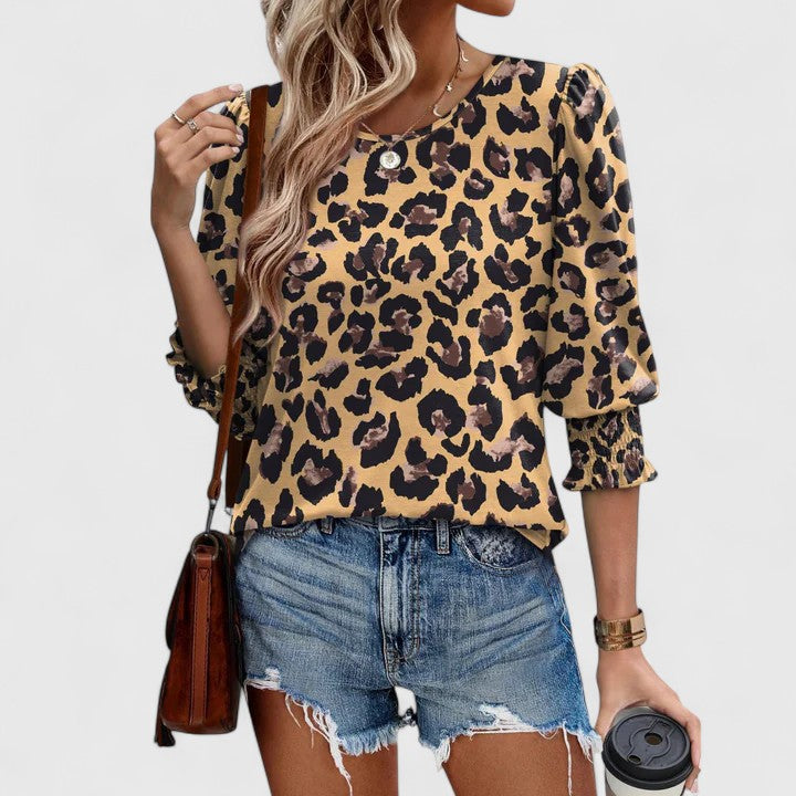 Beatrice | Women's Smocked Cuff 3/4 Sleeve Crew Neck Top