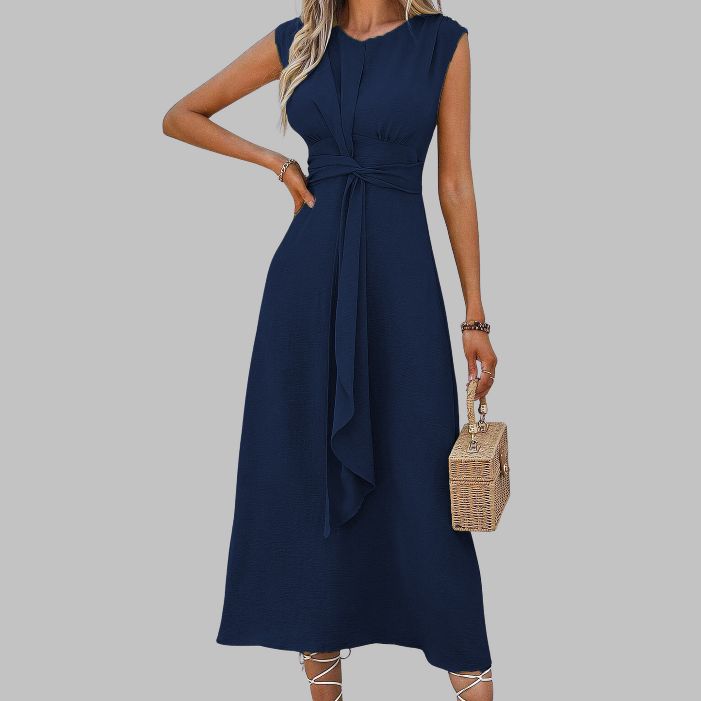 Rachel | Women's Belted Mid-Length Dress No-Sleeve Round Neck A-Line