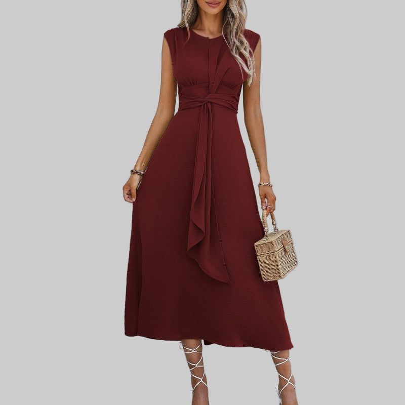Rachel | Women's Belted Mid-Length Dress No-Sleeve Round Neck A-Line