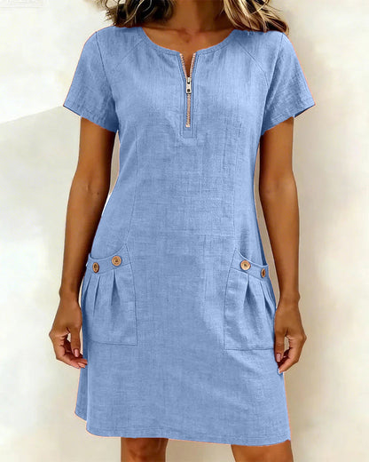 Sara | Women's Shift Dress Short-Sleeved Zip Neck with Pockets