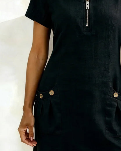 Sara | Women's Shift Dress Short-Sleeved Zip Neck with Pockets