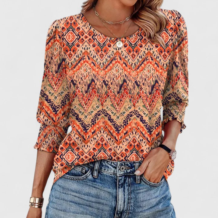 Beatrice | Women's Smocked Cuff 3/4 Sleeve Crew Neck Top