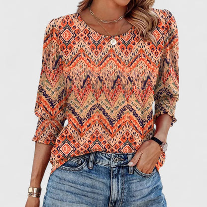 Beatrice | Women's Smocked Cuff 3/4 Sleeve Crew Neck Top