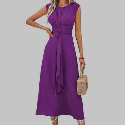 Rachel | Women's Belted Mid-Length Dress No-Sleeve Round Neck A-Line