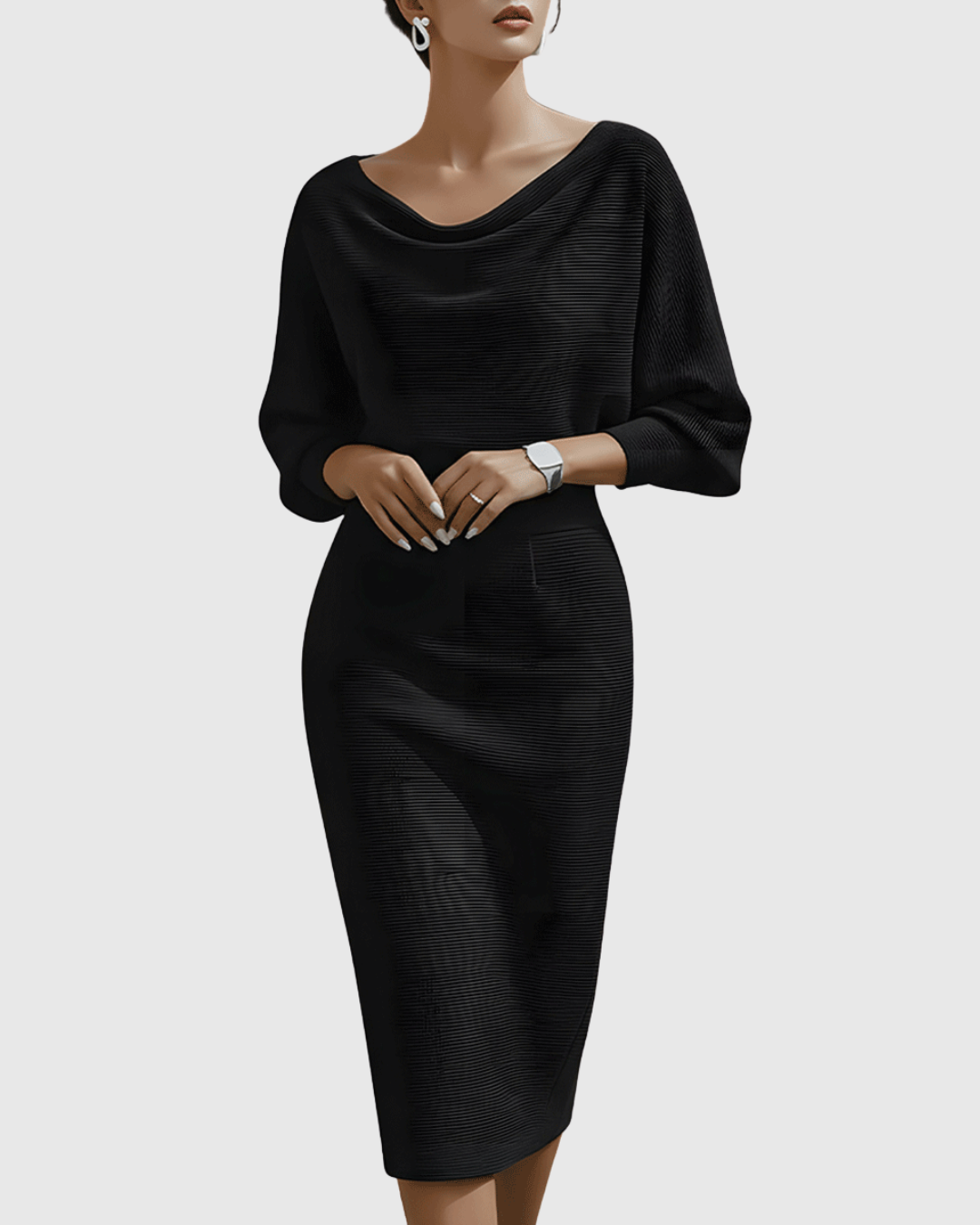 Taylor | Women's Cowl Neck Batwing Sleeve Ribbed Mid-Length Dress