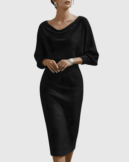 Taylor | Women's Cowl Neck Batwing Sleeve Ribbed Mid-Length Dress