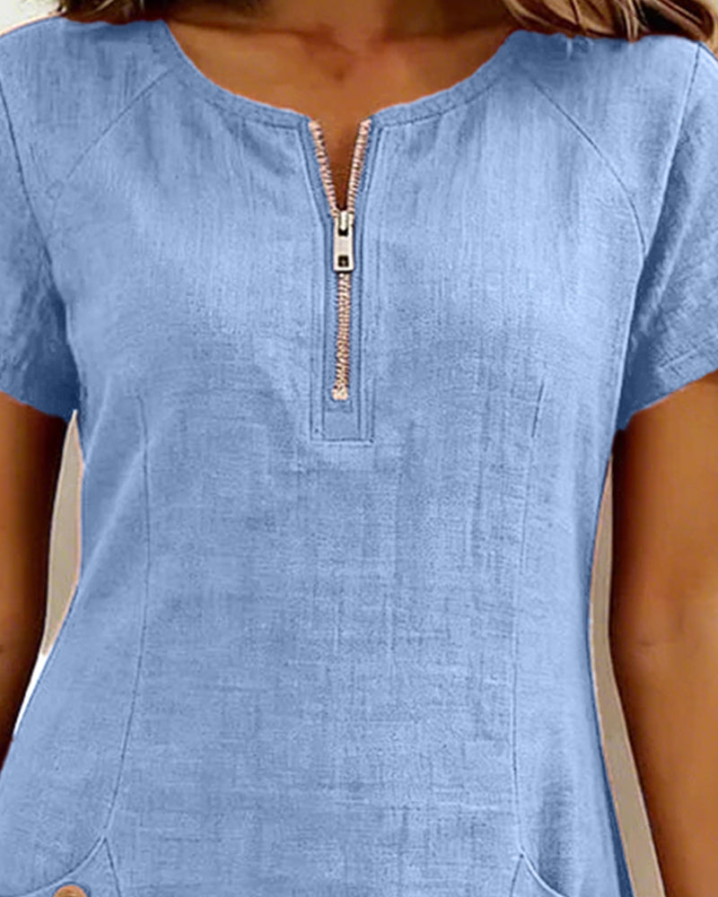 Sara | Women's Shift Dress Short-Sleeved Zip Neck with Pockets