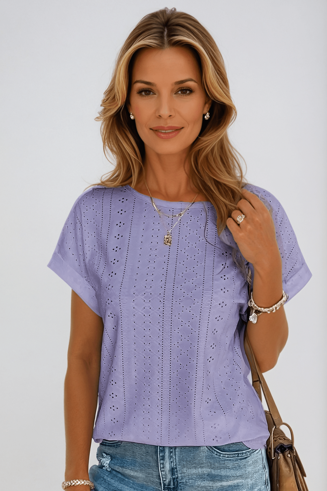 Nicole | Women's Eyelet Embroidered Crew Neck Short Sleeve Top