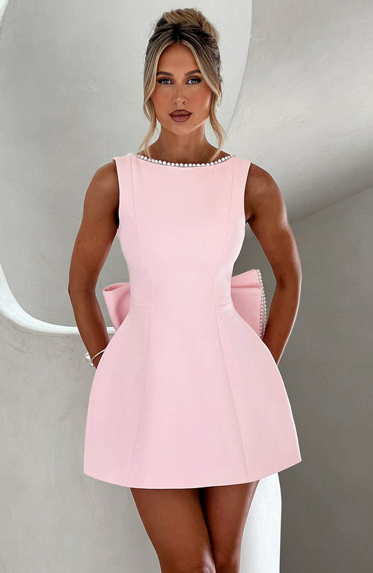Destiny | Women's Pearl Trim A-Line Short Dress No-Sleeve