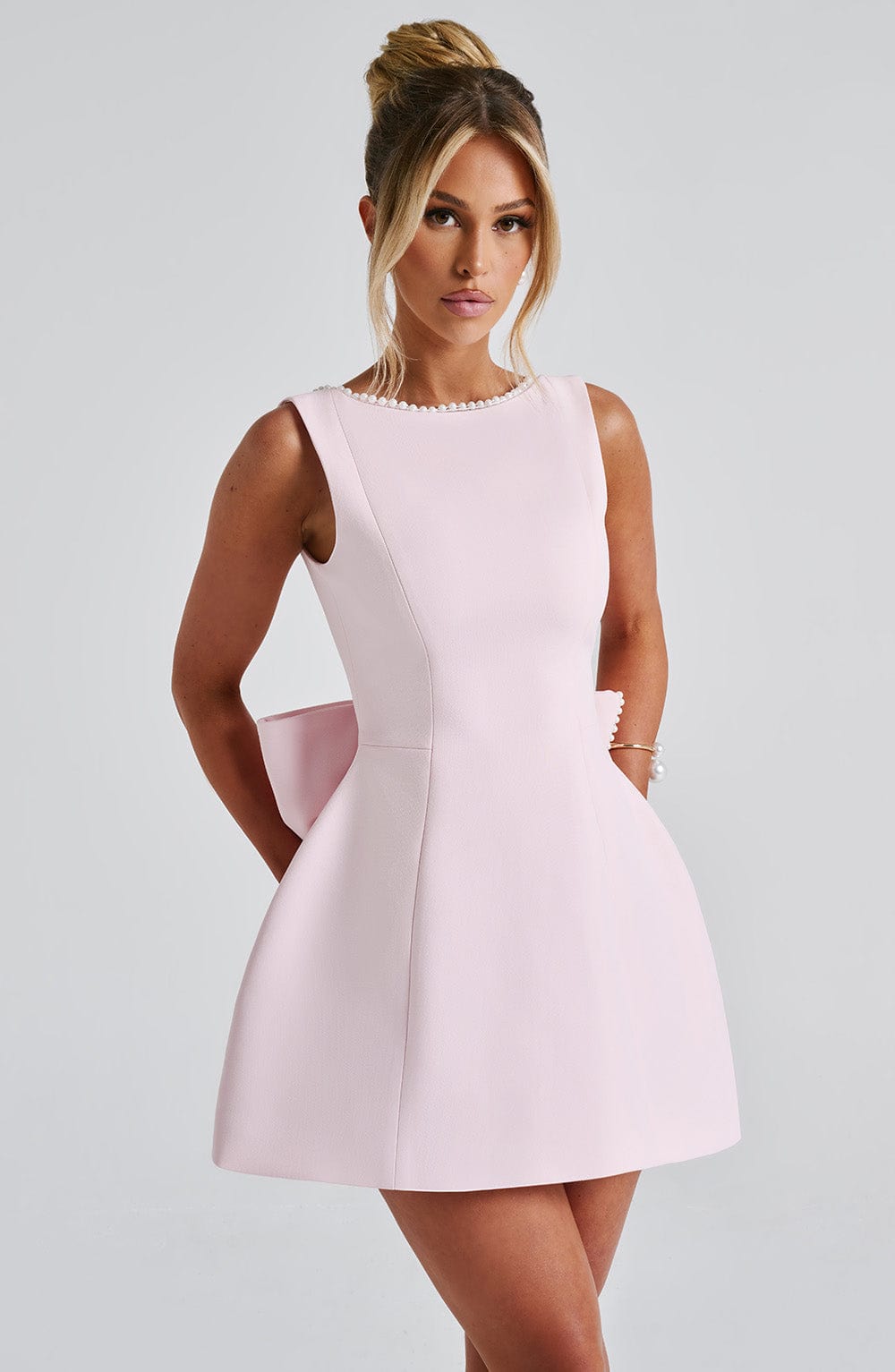 Destiny | Women's Pearl Trim A-Line Short Dress No-Sleeve