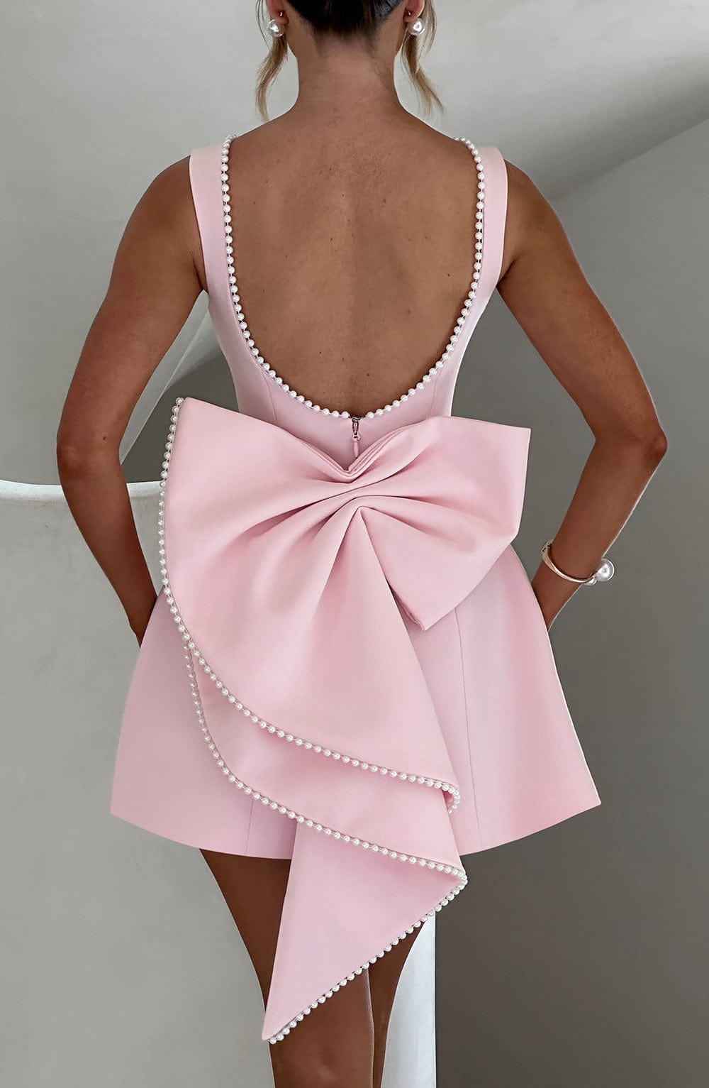 Destiny | Women's Pearl Trim A-Line Short Dress No-Sleeve