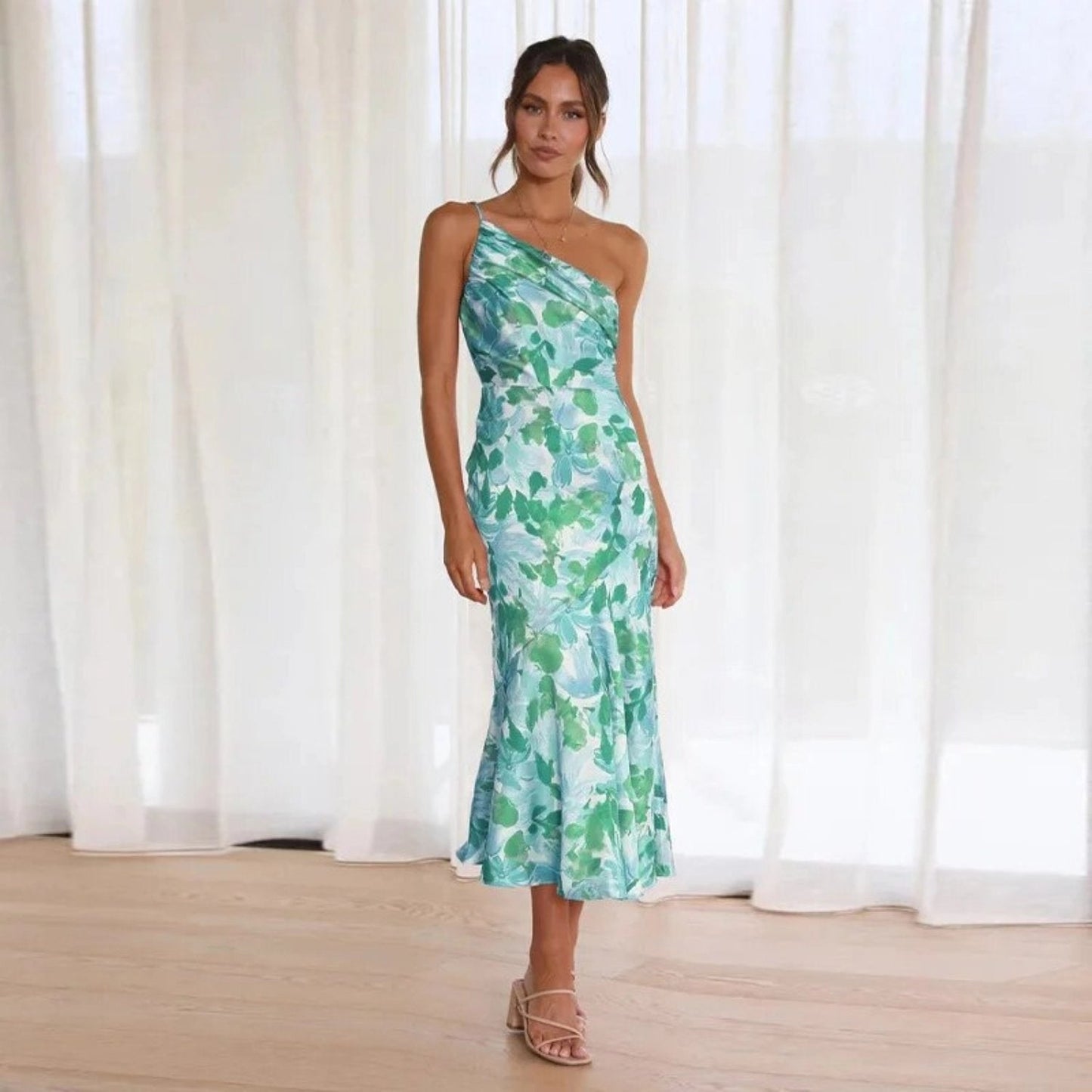 Ella | Women's Maxi Dress with Asymmetrical Cut and Botanical Pattern