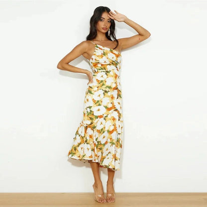 Ella | Women's Maxi Dress with Asymmetrical Cut and Botanical Pattern