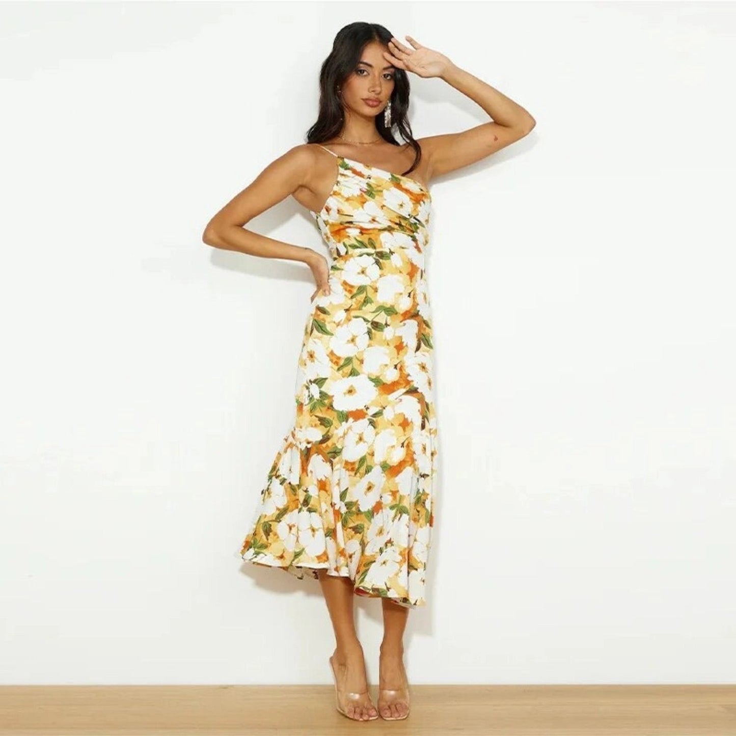 Madison | Women's Wedding Guest Botanical Asymmetric Mid-Length Dress