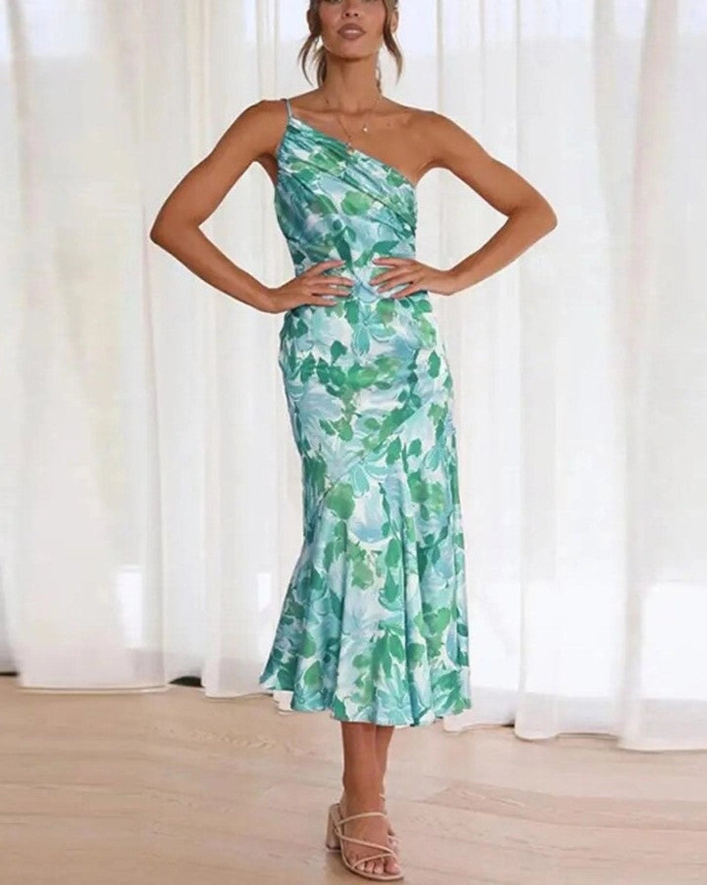 Madison | Women's Wedding Guest Botanical Asymmetric Mid-Length Dress