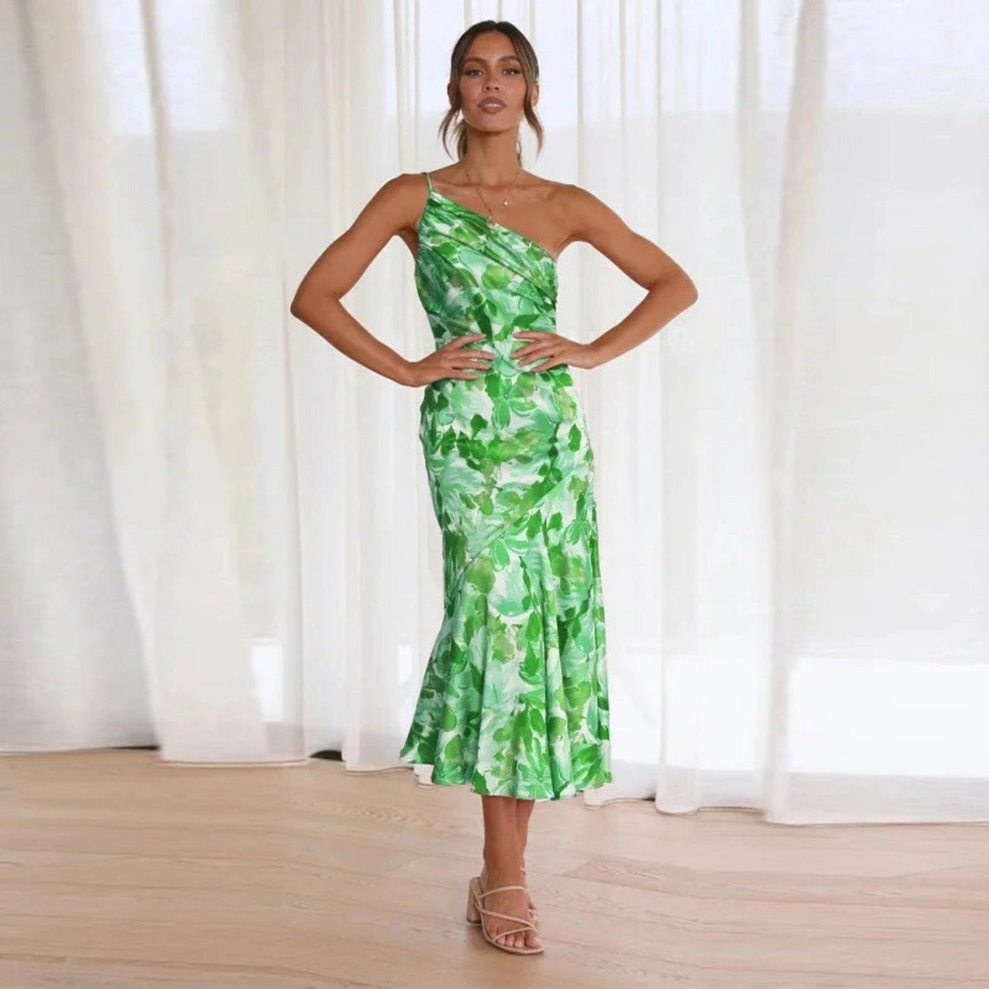 Madison | Women's Wedding Guest Botanical Asymmetric Mid-Length Dress