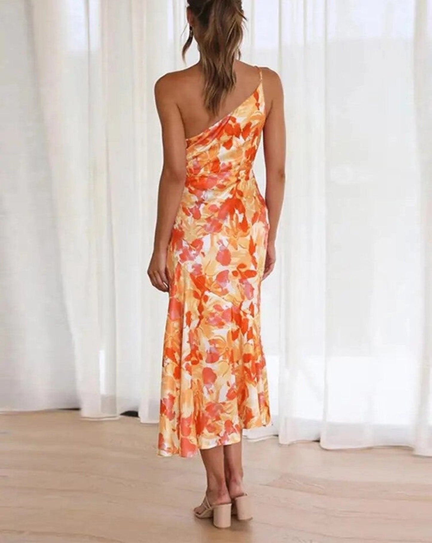 Madison | Women's Wedding Guest Botanical Asymmetric Mid-Length Dress