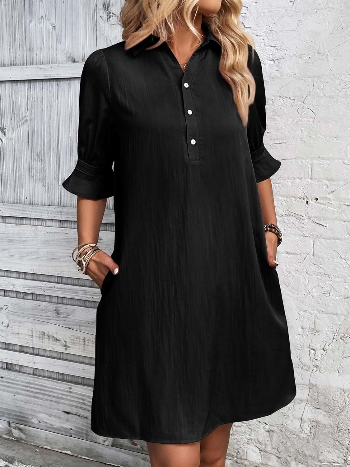 Nevaeh | Women's Button-Through Button-Up Dress Three-Quarter Sleeve Knee Length