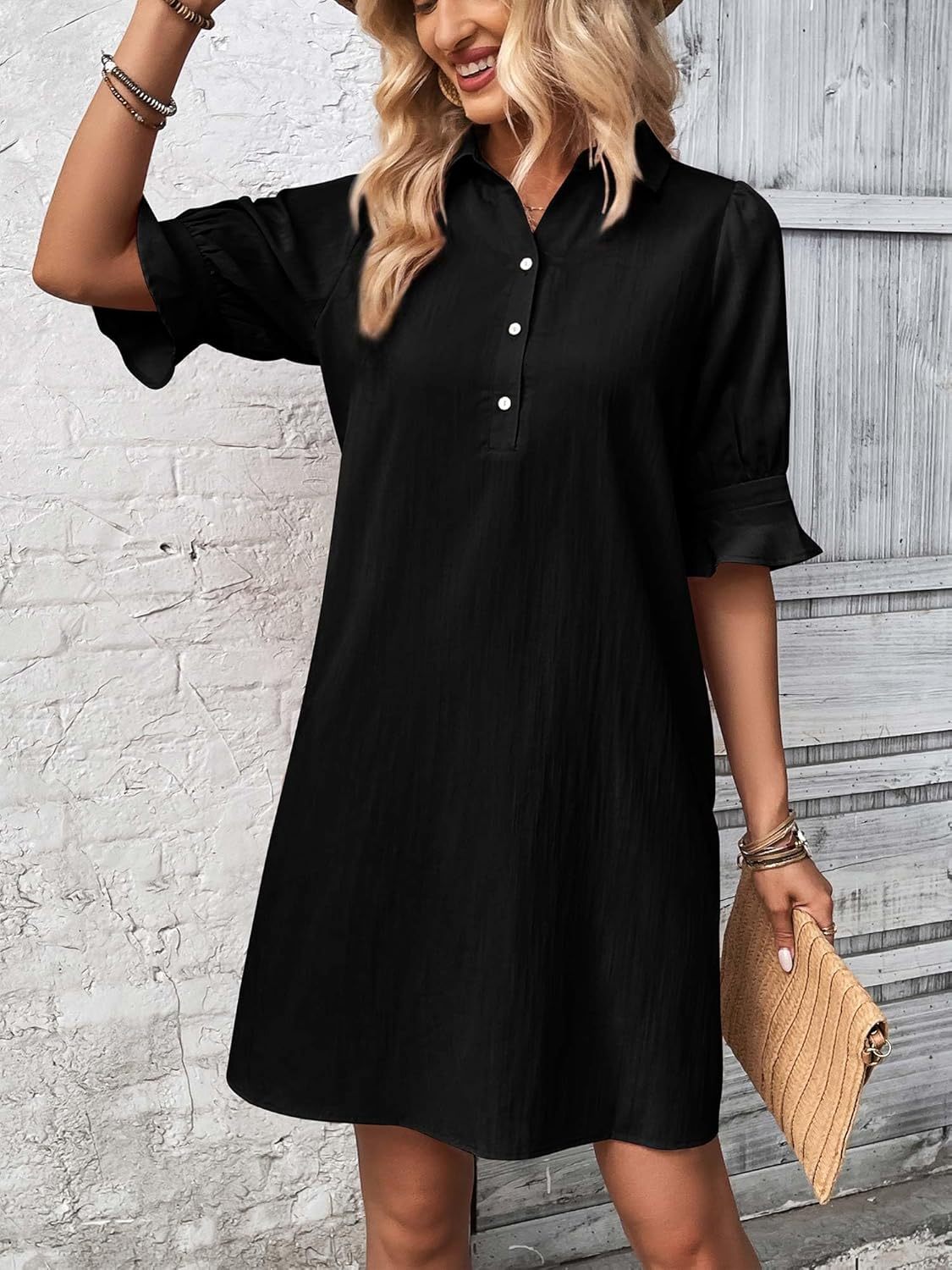 Nevaeh | Women's Button-Through Button-Up Dress Three-Quarter Sleeve Knee Length