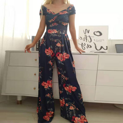 Nikki | Women's Floral Wide-Leg Jumpsuit Off Shoulder Wrap Bodice