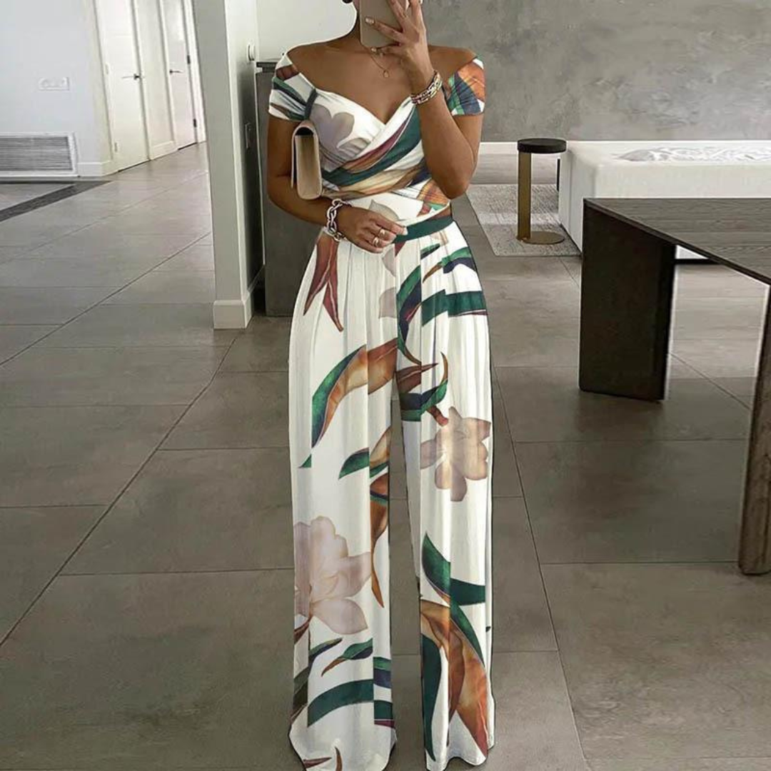 Nikki | Women's Floral Wide-Leg Jumpsuit Off Shoulder Wrap Bodice
