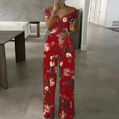 Nikki | Women's Floral Wide-Leg Jumpsuit Off Shoulder Wrap Bodice