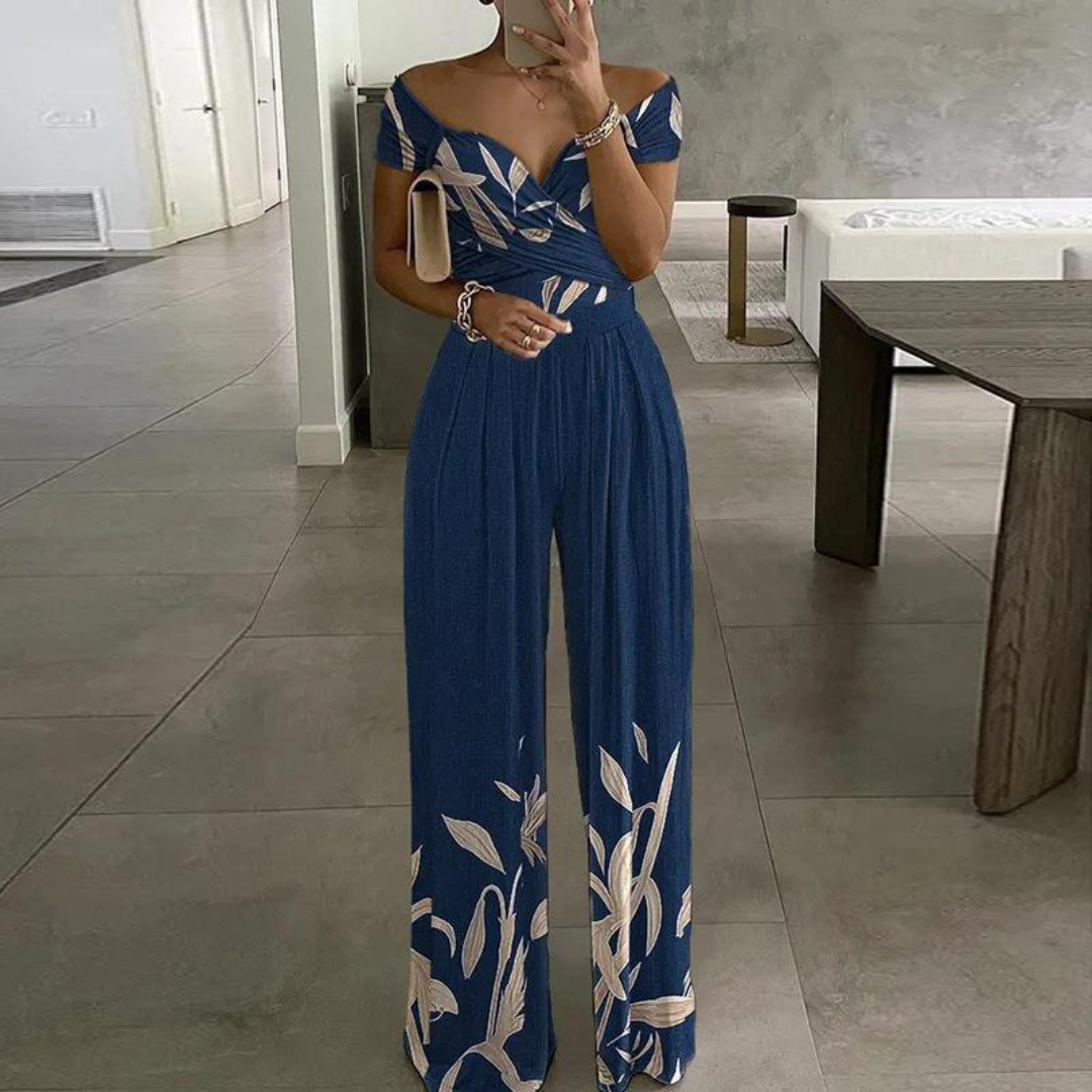 Nikki | Women's Floral Wide-Leg Jumpsuit Off Shoulder Wrap Bodice