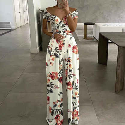Nikki | Women's Floral Wide-Leg Jumpsuit Off Shoulder Wrap Bodice