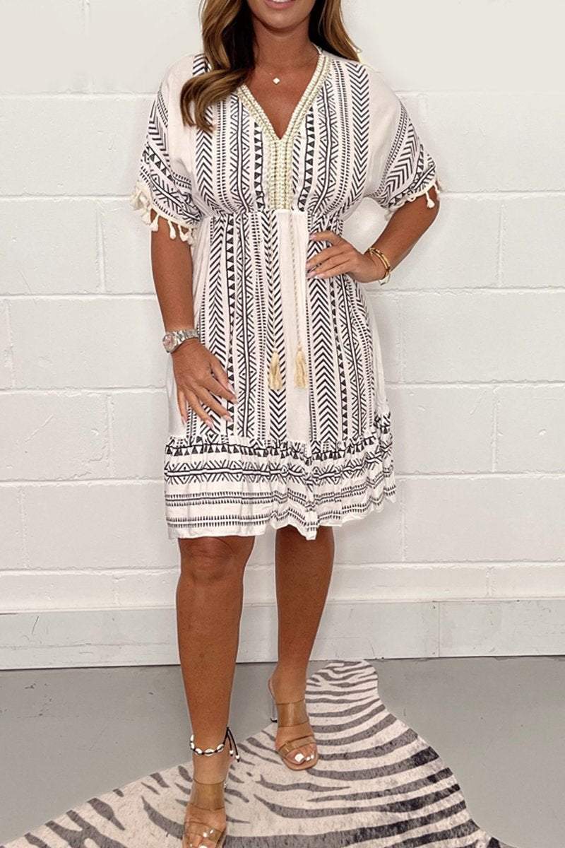 Layla | Women's Bohemian Print Short Dress V-Neck Tassel Summer