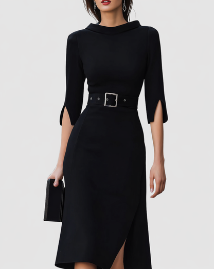 Hadley | Women's Belted Mock Neck Mid-Length Dress with Split Sleeves