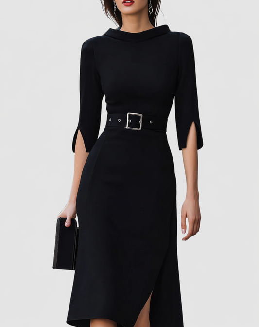 Hadley | Women's Belted Mock Neck Mid-Length Dress with Split Sleeves
